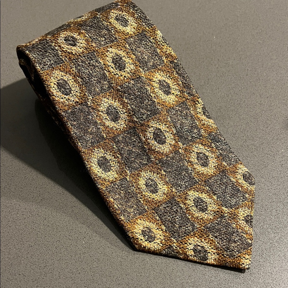 Vintage Hugo Boss 100% Silk tie in geometric print with grays, browns and yellow